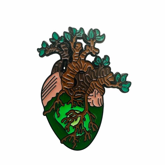 🤩Broch Organ Tree Of Life Heart Shape Enamel Pin Spooky Large Heart Green Brown - Picture 4 of 5